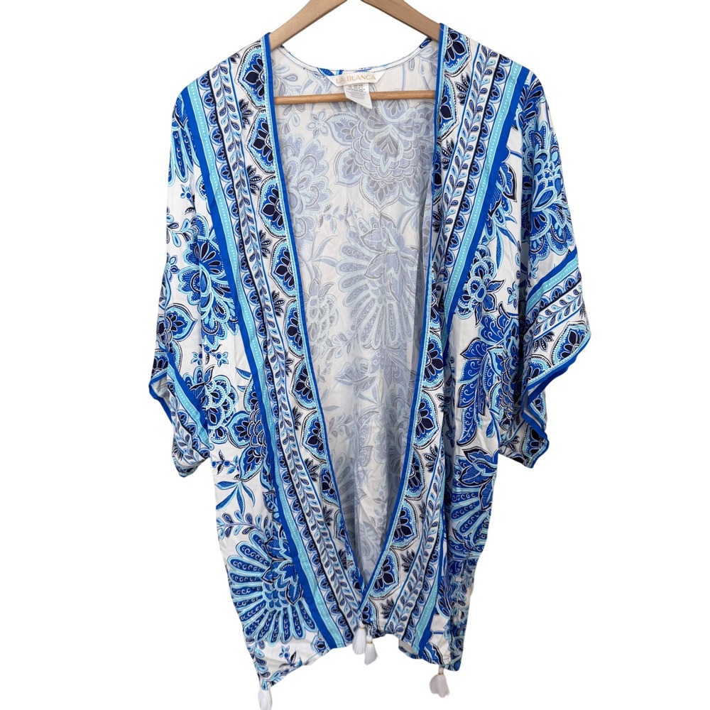 La Blanca Kimono Cover Up One Size Blue White Paisley Tassel Floral Boho